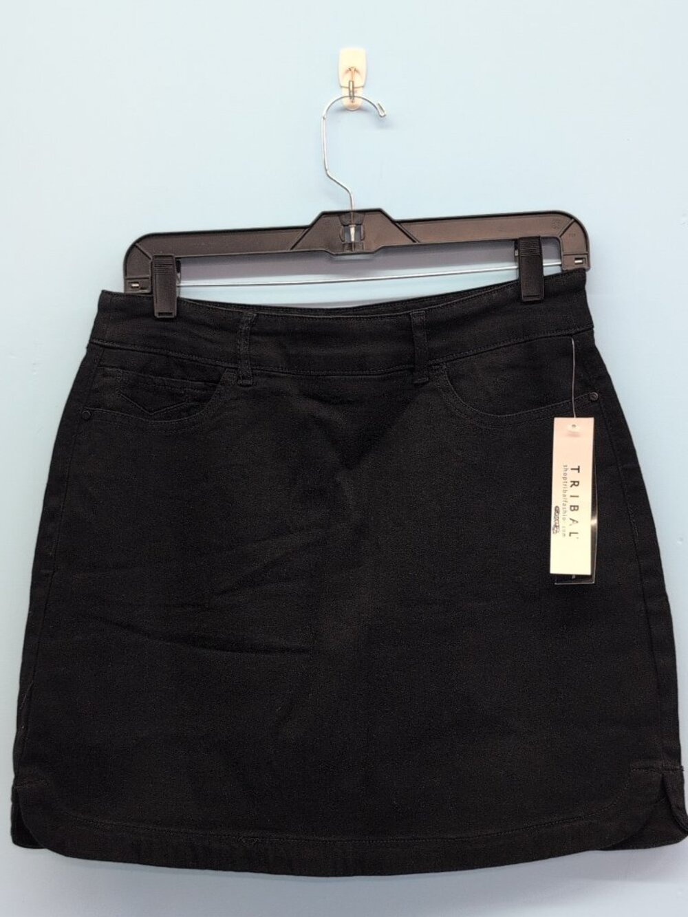 Tribal Fashion Women's Stretch Denim Mini Skirt Side Slits Size 6 Black NWT
